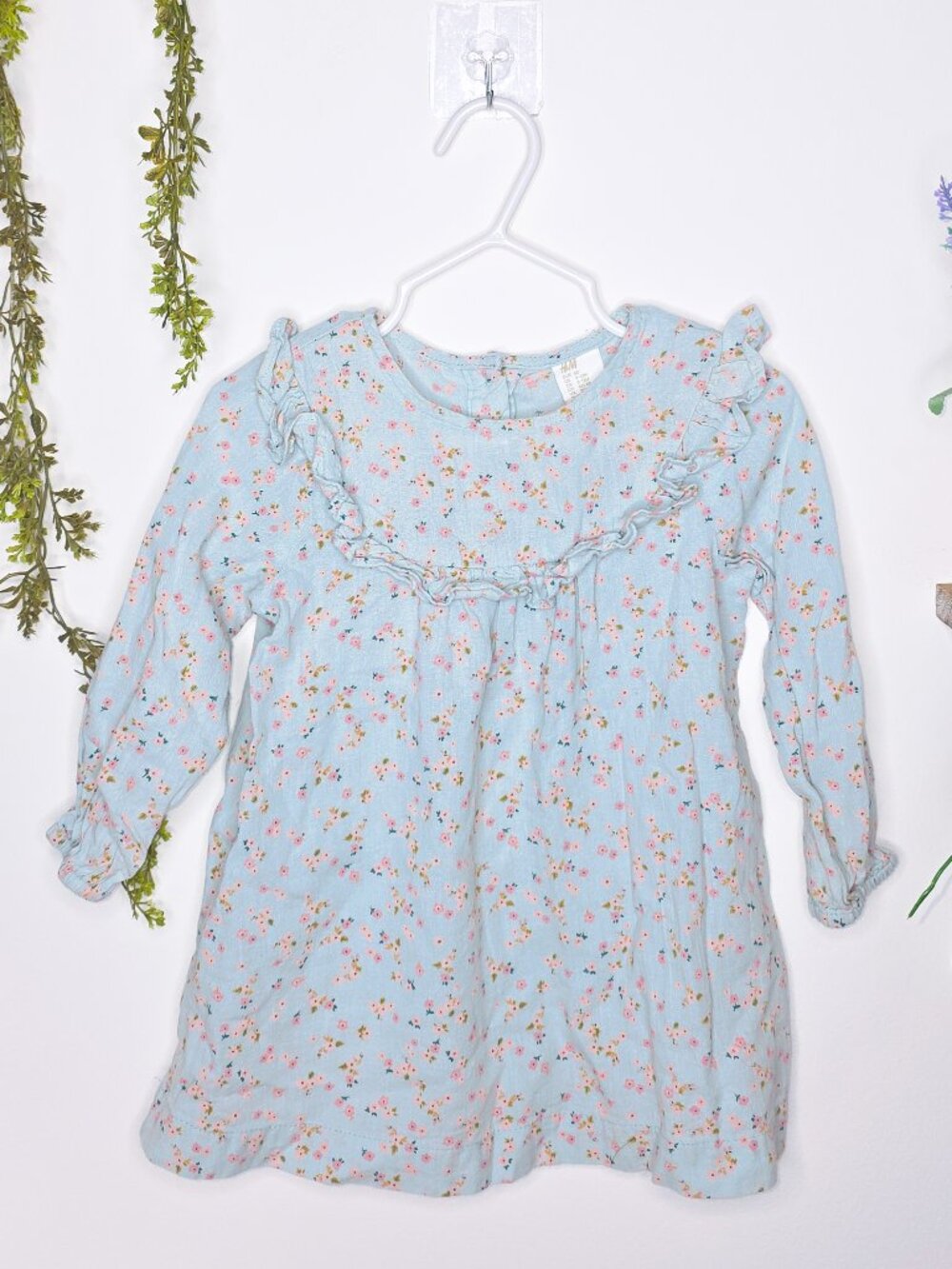 H&M Baby Girls 9-12M Blue Floral Ruffle Long Sleeve Dress